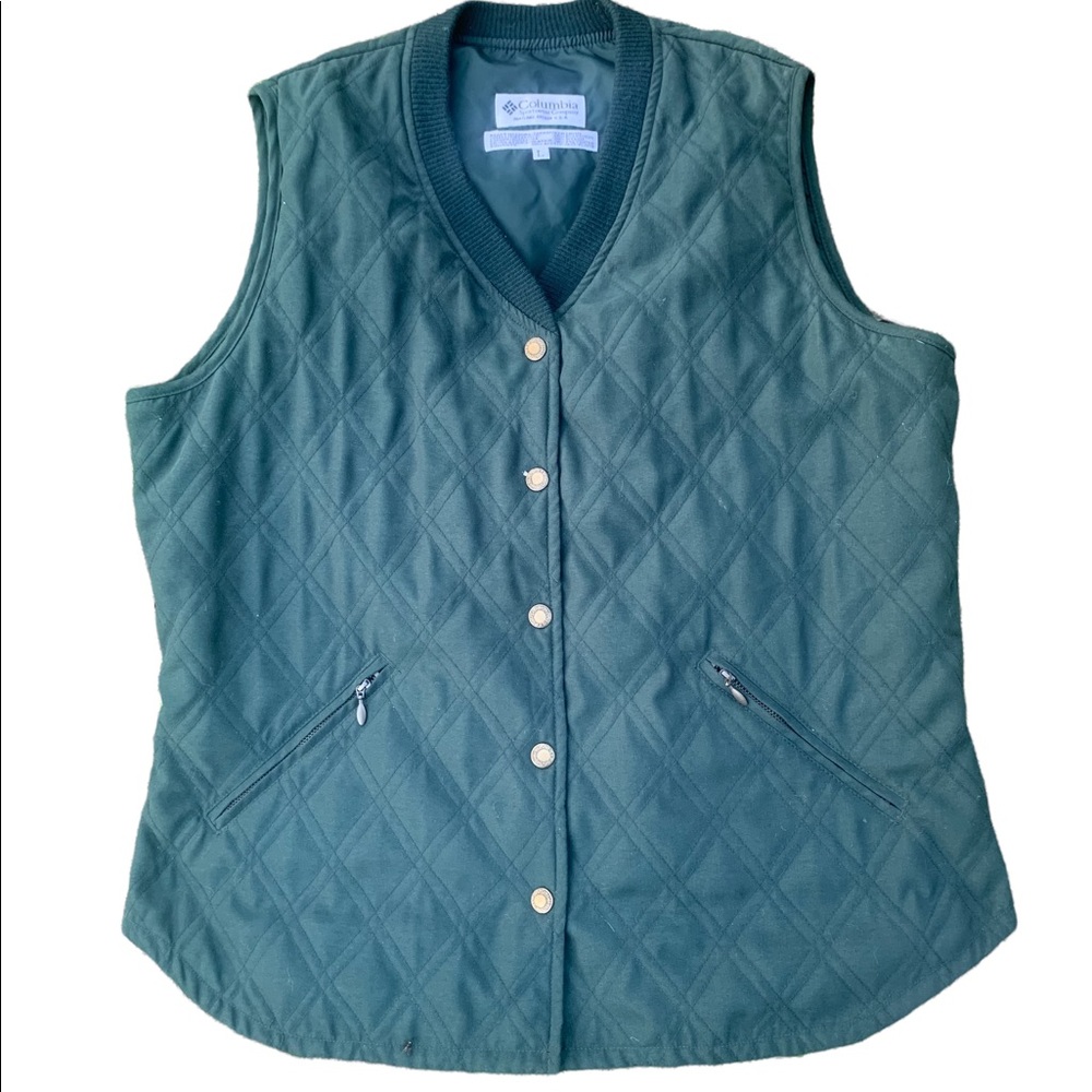 Columbia Women Green Large Lined Sleeveless Faux Suede Buttons Zip Pockets Vest